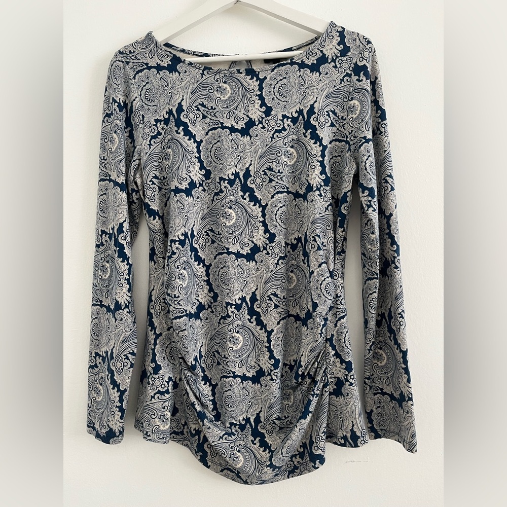 Talbots T Shirt Womens S Small Blue Paisley Stretchy Long Sleeve Ruched Front